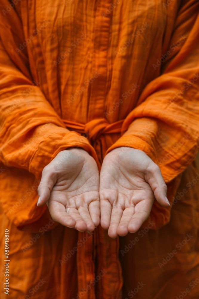Poster a person in orange robe with hands open and palms facing up. generative ai.