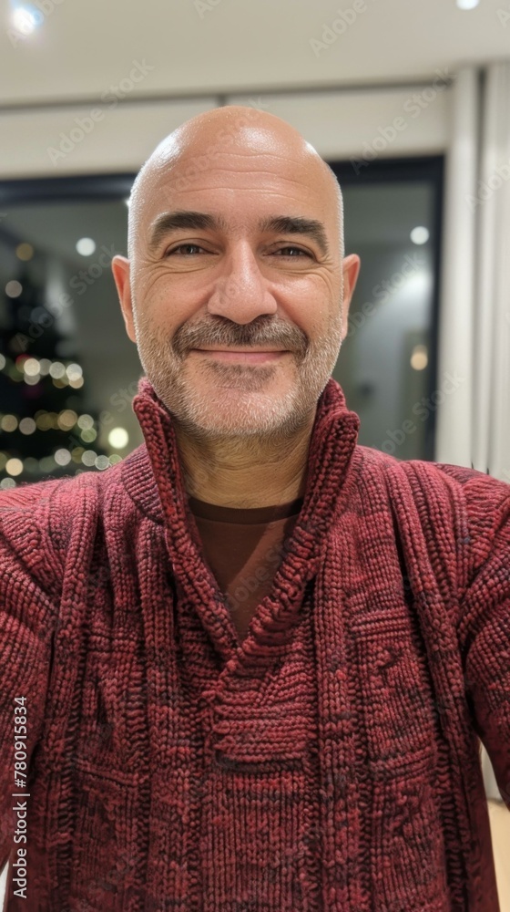 Poster a man in a red sweater taking a selfie in front of a christmas tree. generative ai.