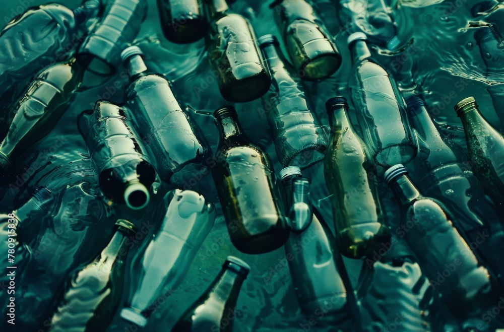 Poster a bunch of empty bottles are floating in a blue liquid. generative ai.