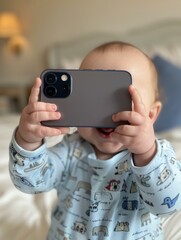 A baby holding up a phone to take a picture. Generative AI.