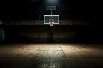 Empty basketball court indoors with polished wooden floor and hoop