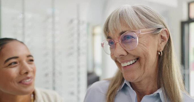 Mature woman, glasses and optician in store for choice, decision or customer service. Eye care doctor with happy client to check lens, vision and new frame for optic health, help or shop consultation