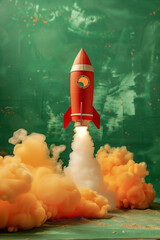 Children story illustration, cardboard rocket launch on the green background. High quality photo