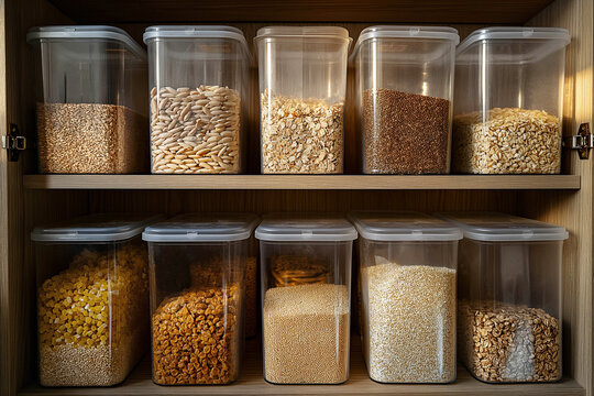 An image of a shelf in a kitchen cabinet filled with a variety of cereals - rice, buckwheat, oatmeal and wheat - placed in transparent plastic containers.