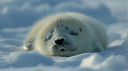 Fototapeta premium A baby seal resting in the snow, eyes closed, head on snow