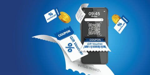 Coupon up to 50% off black rips floating in air with coin. all on  blue background.gift voucher 50% discount on shopping.summer offer ends weekend holiday.Big sale and super sale coupon code discount