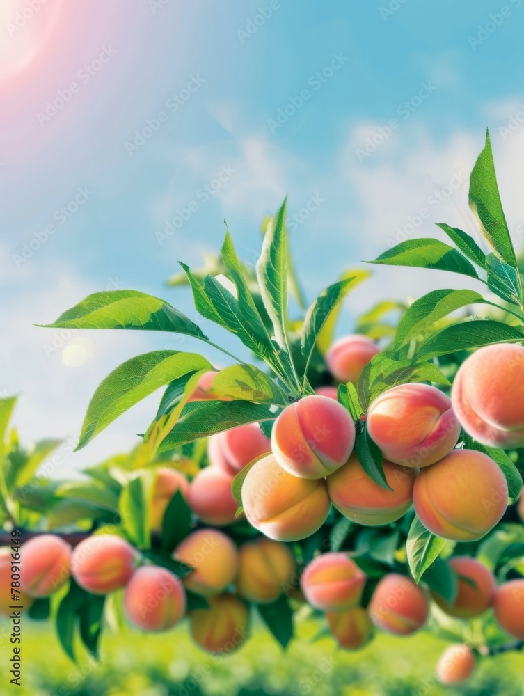 Poster a peach tree with many ripe peaches on it in a field. generative ai.
