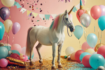 Unicorn with multicolored mane and golden horn among balloons and confetti