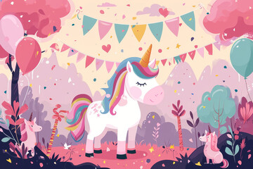 Animated pink unicorn with balloons floating among clouds