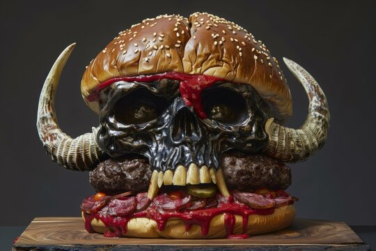 A  hamburger with horns and a mouth looks like a skull. Strange burger. Generative AI.