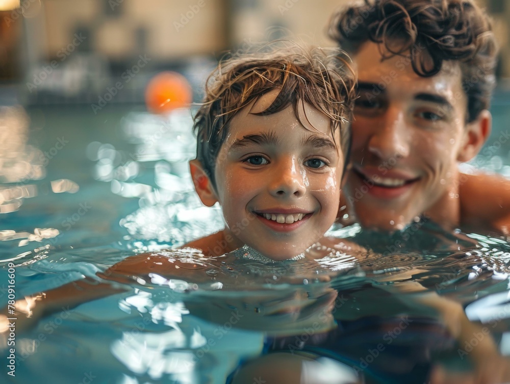 Poster a man and boy in a swimming pool smiling for the camera. generative ai.