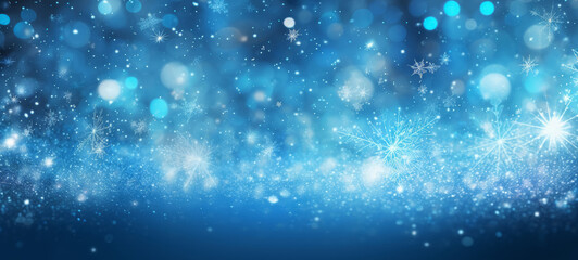 Fototapeta premium Blue abstract glowing bokeh background with snowflakes