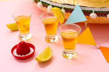 Shots of tequila and slices of lime on pink background, closeup