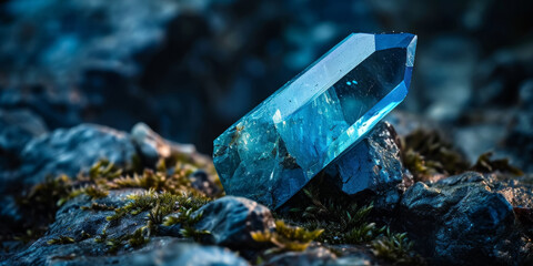 Close-up of a vibrant blue crystal mineral on rocky terrain
