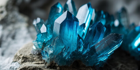 Close-up of a vibrant blue crystal mineral on rocky terrain - obrazy, fototapety, plakaty