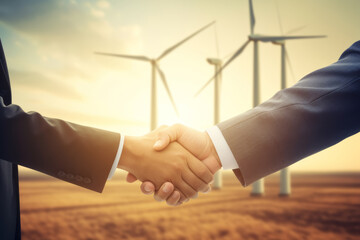 Business deal handshake with windmill farm as background - obrazy, fototapety, plakaty
