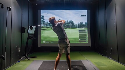 Golfer playing golf in indoor simulator Mixed media - obrazy, fototapety, plakaty