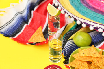 Shot of tequila, nachos and Mexican plaid on yellow background