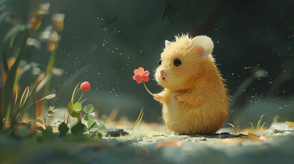   A small yellow hamster, on its hind legs, holds a flower in its mouth, gazing at the camera