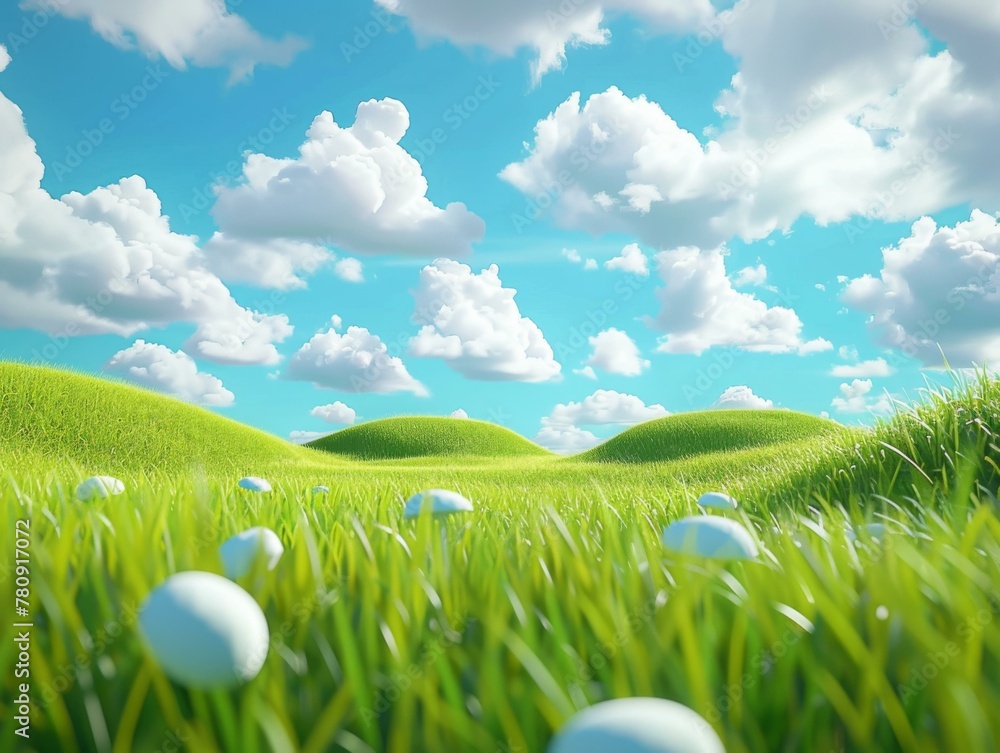 Poster a grassy field with white eggs in it and some clouds. generative ai.