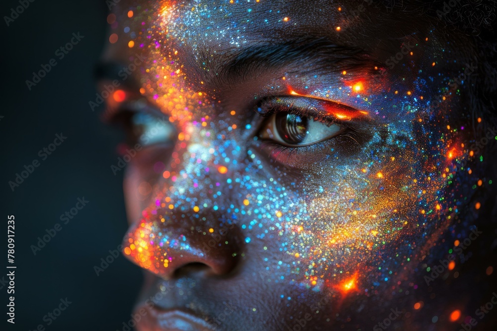 Canvas Prints A close up of a person with a face painted with glitter. Generative AI.