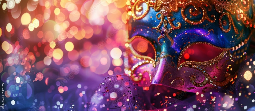 Poster a colorful mask is sitting on top of a table. generative ai.