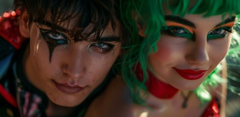 Naklejka premium A man and woman with green hair and makeup posing for a picture. Generative AI.