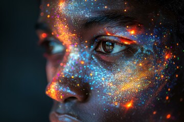 A close up of a person with a face painted with glitter. Generative AI.