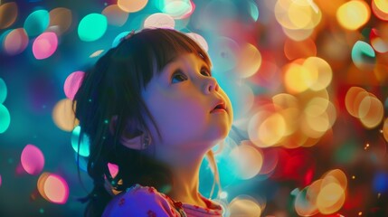A little girl looking up at a colorful background of lights. Generative AI.