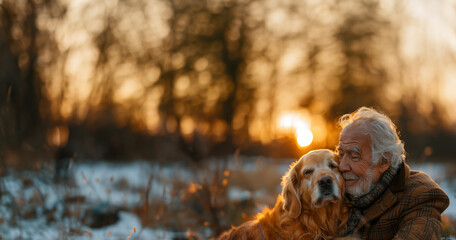 A man in a tweed jacket gently resting his forehead against his faithful golden retriever's head during sunset in the countryside