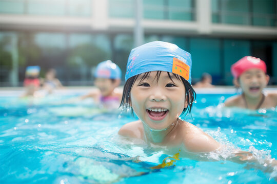 プールで遊ぶ日本人の子供達