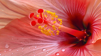 Zbliżenie na czerwony kwiat rośliny z gatunku Hibiscus - obrazy, fototapety, plakaty