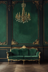 Elegant vintage green room with chic sofa