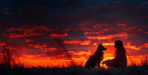 Obraz premium A young person and a Border Collie in silhouette, the dog's paw gently touching the human's hand, against the backdrop of a vibrant sunset