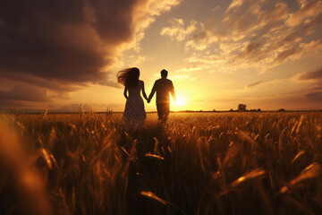 Silhouetted couple holding hands and running through a field at sunset.