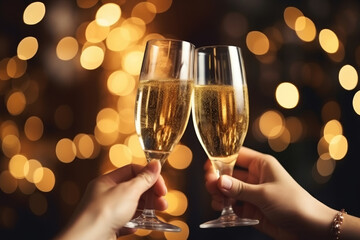 Two hands toasting with champagne glasses against a bokeh light background