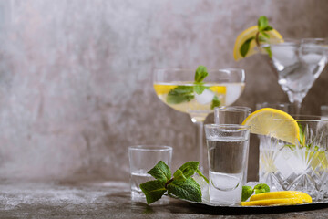 Collection of various glasses on silver tray filled with fresh summer drinks with ice, lemon and mint on grunge wall background. Cocktail party, copy space for text