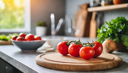 Wooden cutting board and fresh tomatoes on modern kitchen table
