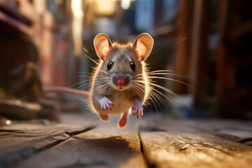 A curious mouse in mid-movement running towards the camera on a wooden surface