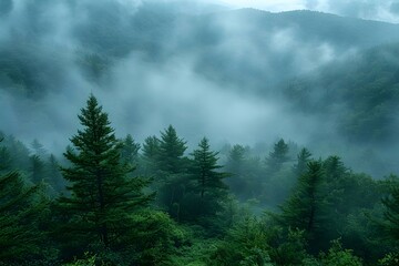 Forest scenery with fog trees and a focus on conservation efforts. Concept Forest Conservation, Foggy Trees, Nature Photography, Environmental Awareness
