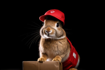 Rabbit in red t-shirt and cap with delivery box.