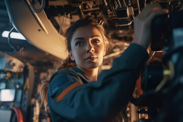 Confident female aircraft engineer in front of jet engine.