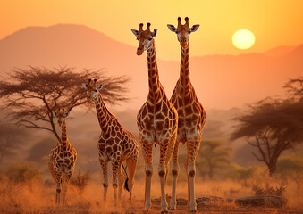 giraffe in the savannah at sunset - obrazy, fototapety, plakaty