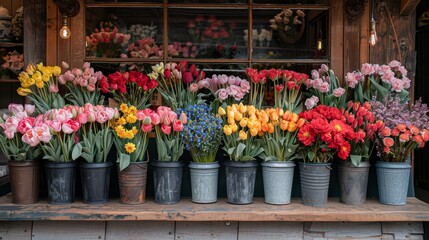   A table filled with numerous potted flowers before a storefront