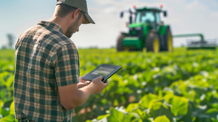 Farmer at a plantation field looking at a eletronic tablet