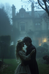 Couple embraces in a misty victorian garden