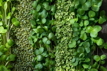 Detailed close-up of green sprouting seeds intermixed with lush microgreens. Dense texture of green microgreens ideal for healthy diets. - obrazy, fototapety, plakaty