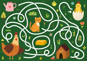 Help mother hen to find a way to her baby chick. Farm maze activity for kids. Mini game for school and preschool. Vector illustration - 780919809