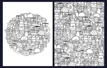 Doodle dishes coloring pages set. Black and white templates bundle with pans, cups, teapots and other kitchen things. Outline background. Vector illustration - 780919813