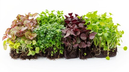 Rows of microgreens with visible roots and soil, presenting a nutritious variety on a white background. Urban garden produce ideal for a healthy lifestyle and culinary use.